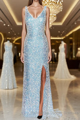 Sheath/Column V-neck Sweep Train Velvet Sequins Semi Formal Prom Dresses With Leg Slit